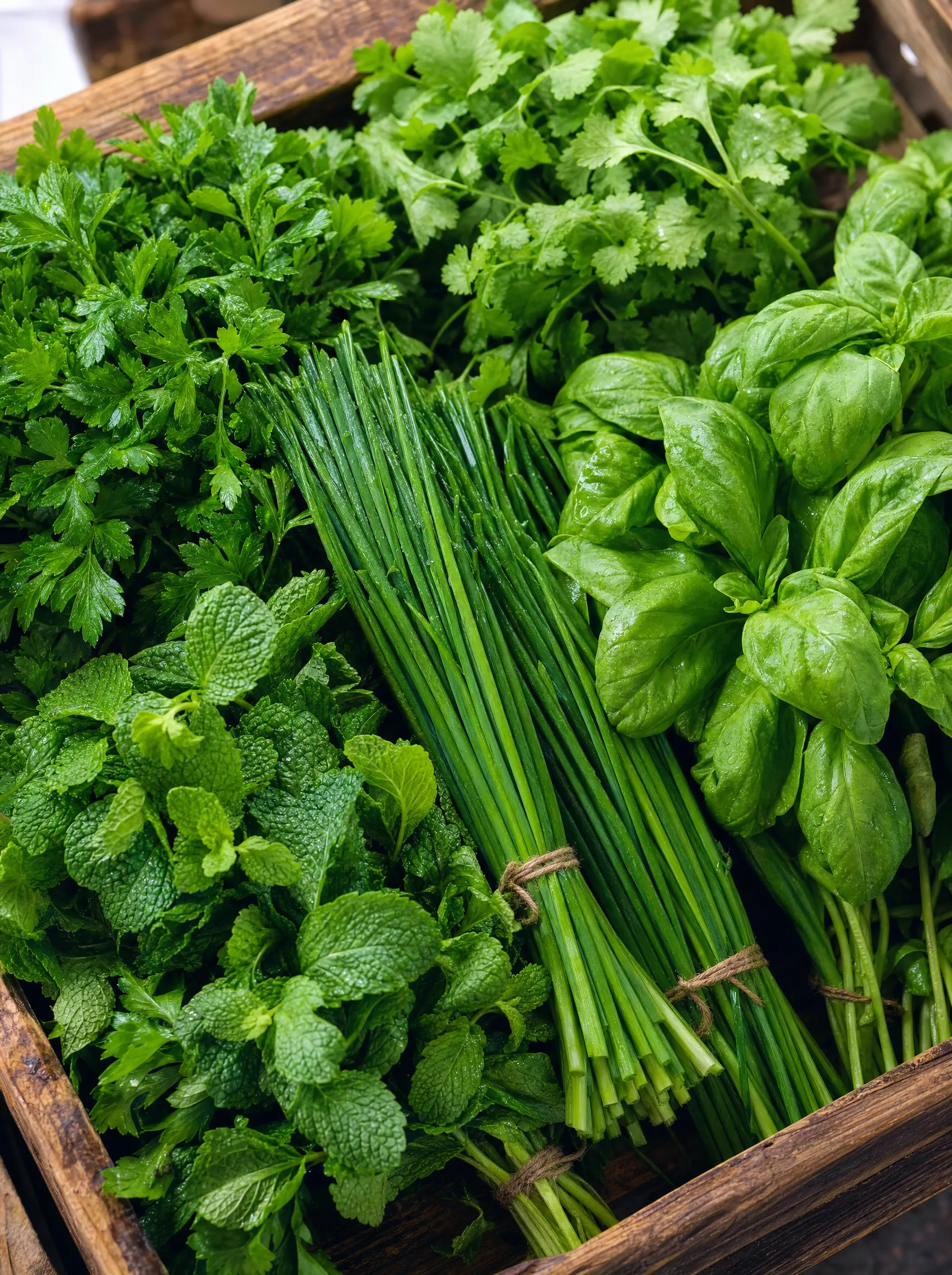 Maços de salsa, cebolinha, manjericão e hortelã em caixa de madeira